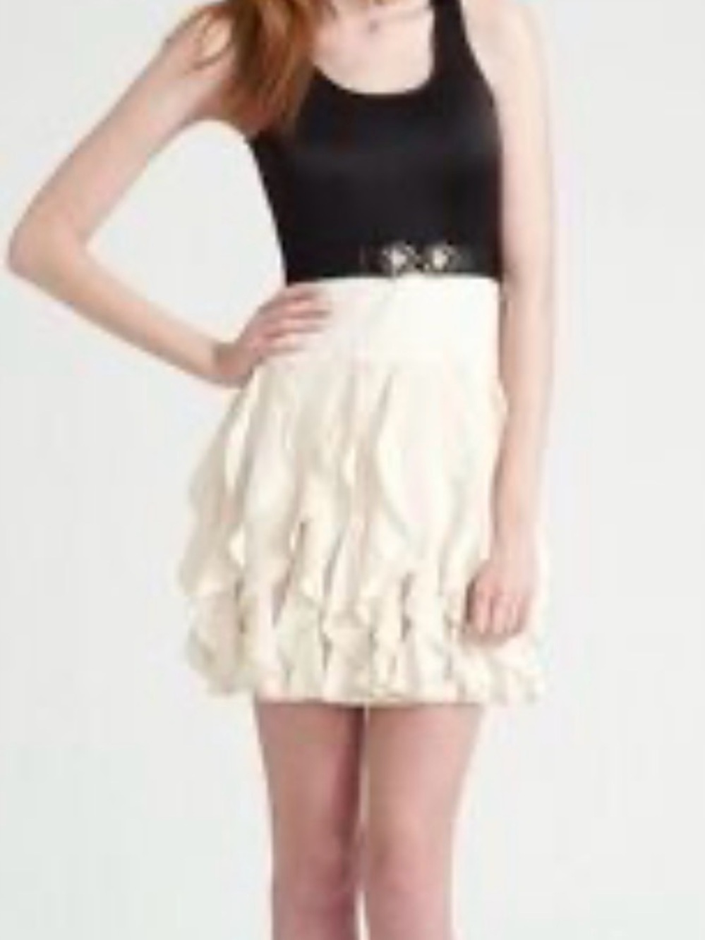 BCBGMaxAzria Silk Black & Cream ruffle Tiered Party Dress with Belt sz 10